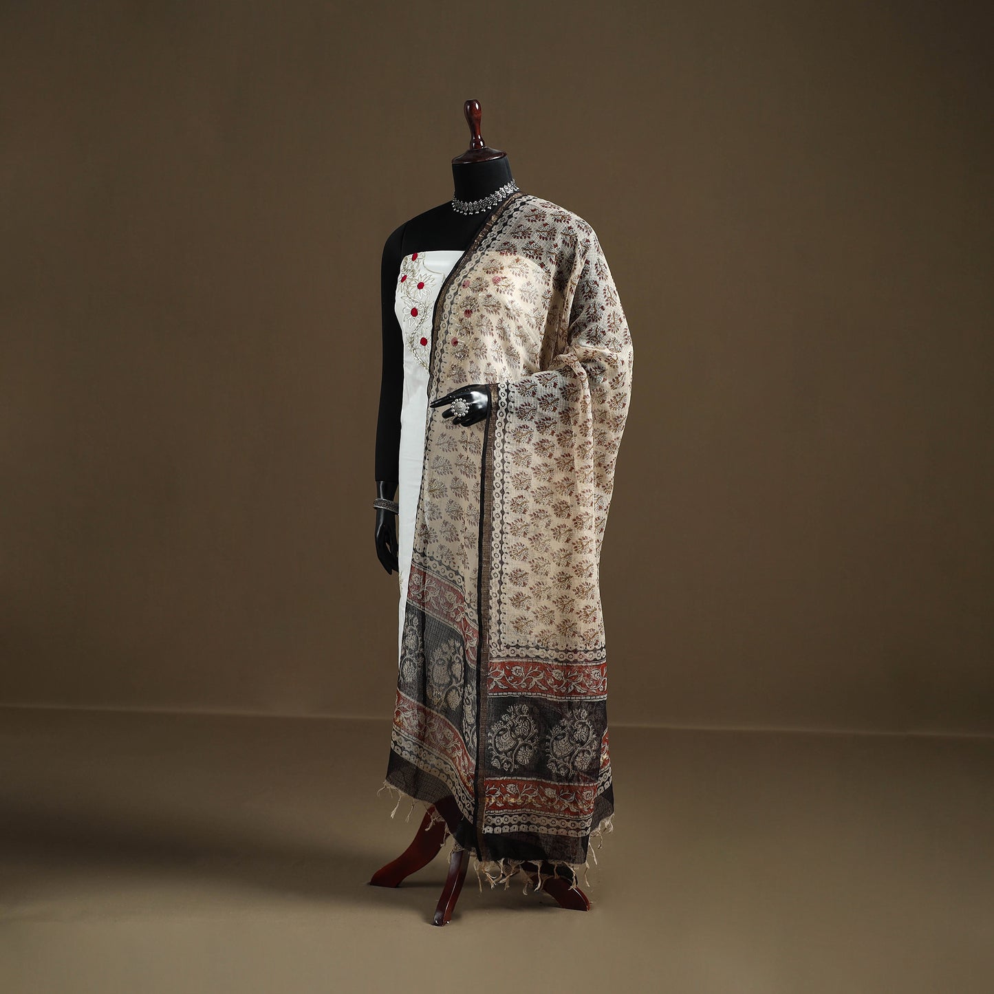 Beige - Bagru Hand Block Print Natural Dyed Kota Doria Cotton Dupatta 30
