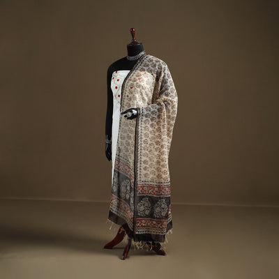 Beige - Bagru Hand Block Print Natural Dyed Kota Doria Cotton Dupatta 30
