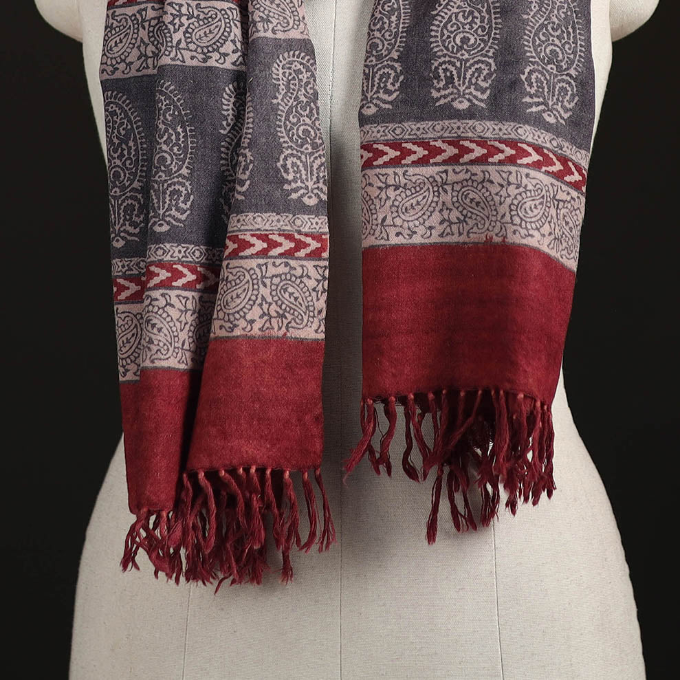 Handwoven Merino Wool Natural Dyed Bagh Hand Block Print Stole 05