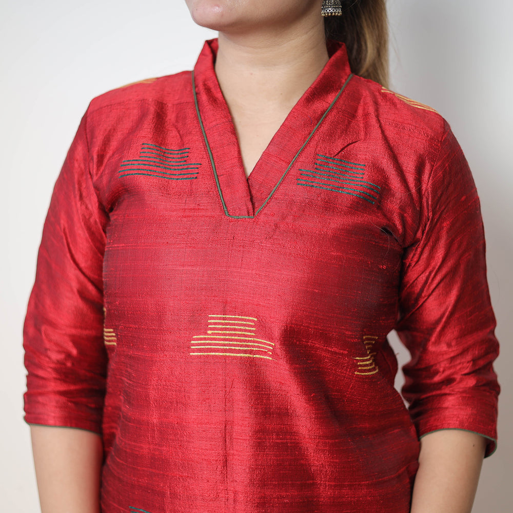 Red - Bhagalpuri Handloom Tussar Silk Suit Set 07