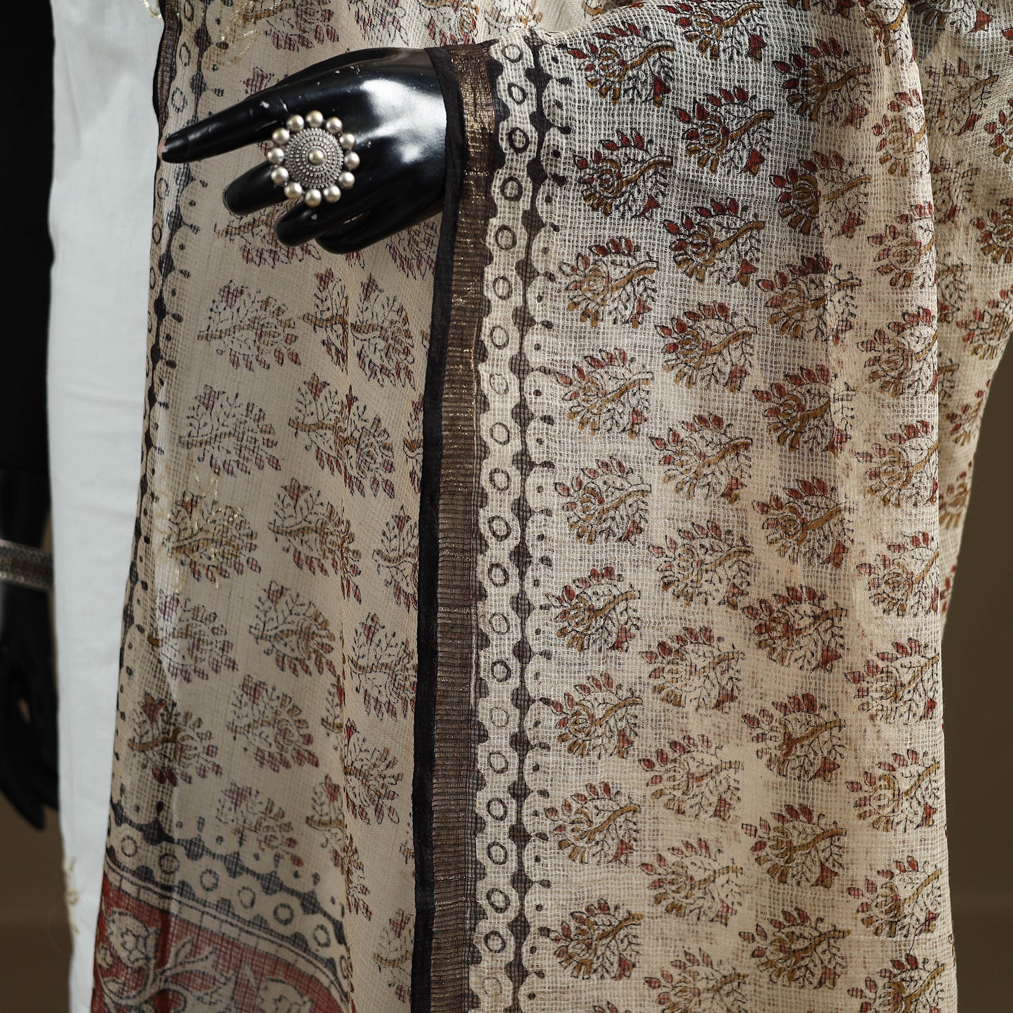Beige - Bagru Hand Block Print Natural Dyed Kota Doria Cotton Dupatta 30