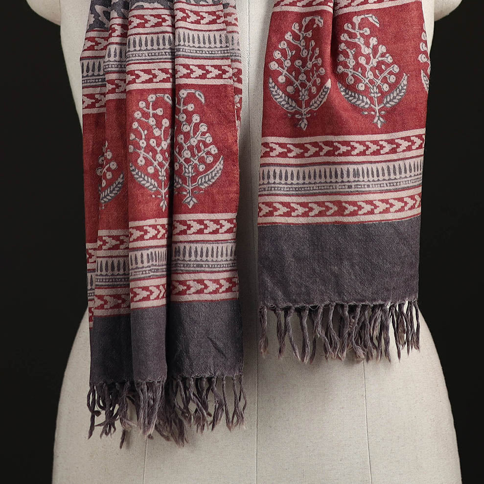 Handwoven Merino Wool Natural Dyed Bagh Hand Block Print Stole 06