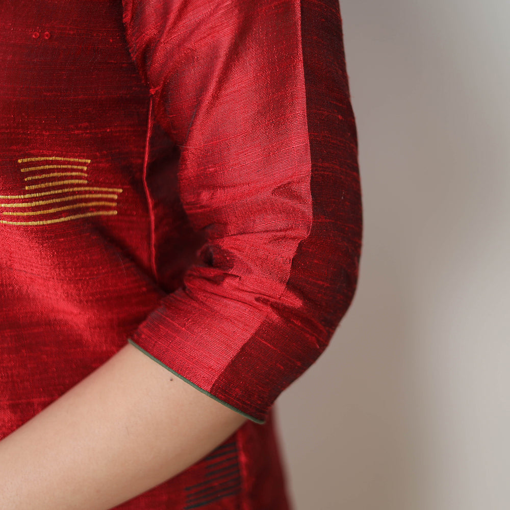 Red - Bhagalpuri Handloom Tussar Silk Suit Set 07