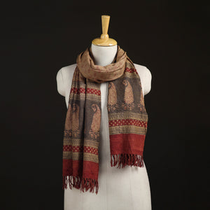 Brown - Handwoven Merino Wool Natural Dyed Bagh Hand Block Print Stole 09