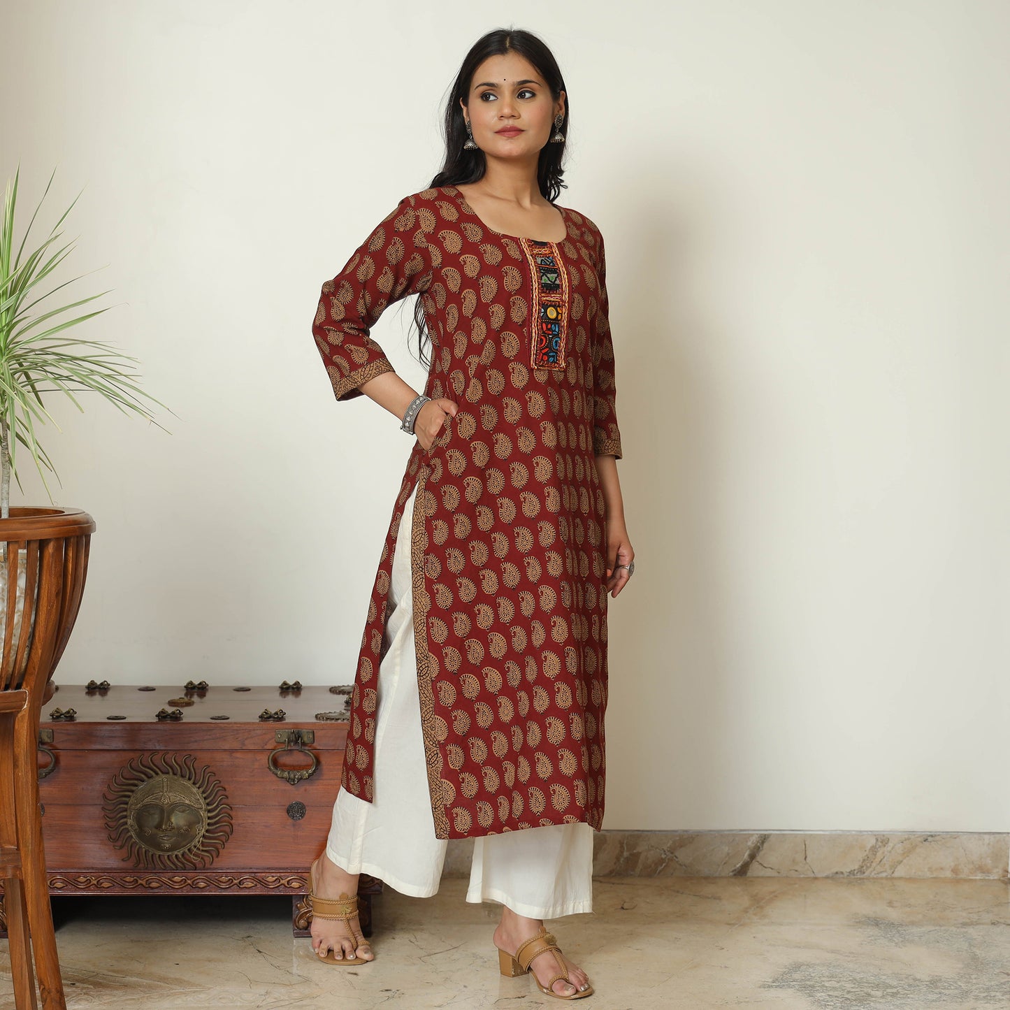 Red - Bagh Hand Block Printed Cotton Straight Kurta with Kutch Embroidery Patchwork 11