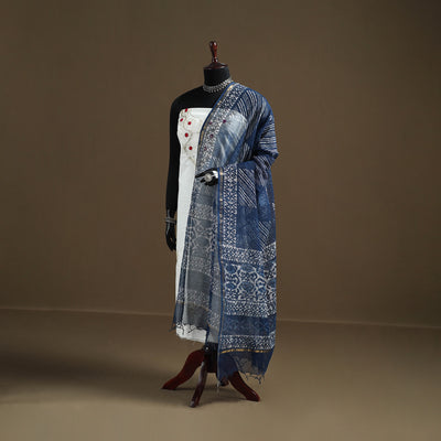 Blue - Indigo Bagru Hand Block Print Natural Dyed Kota Doria Cotton Dupatta 32