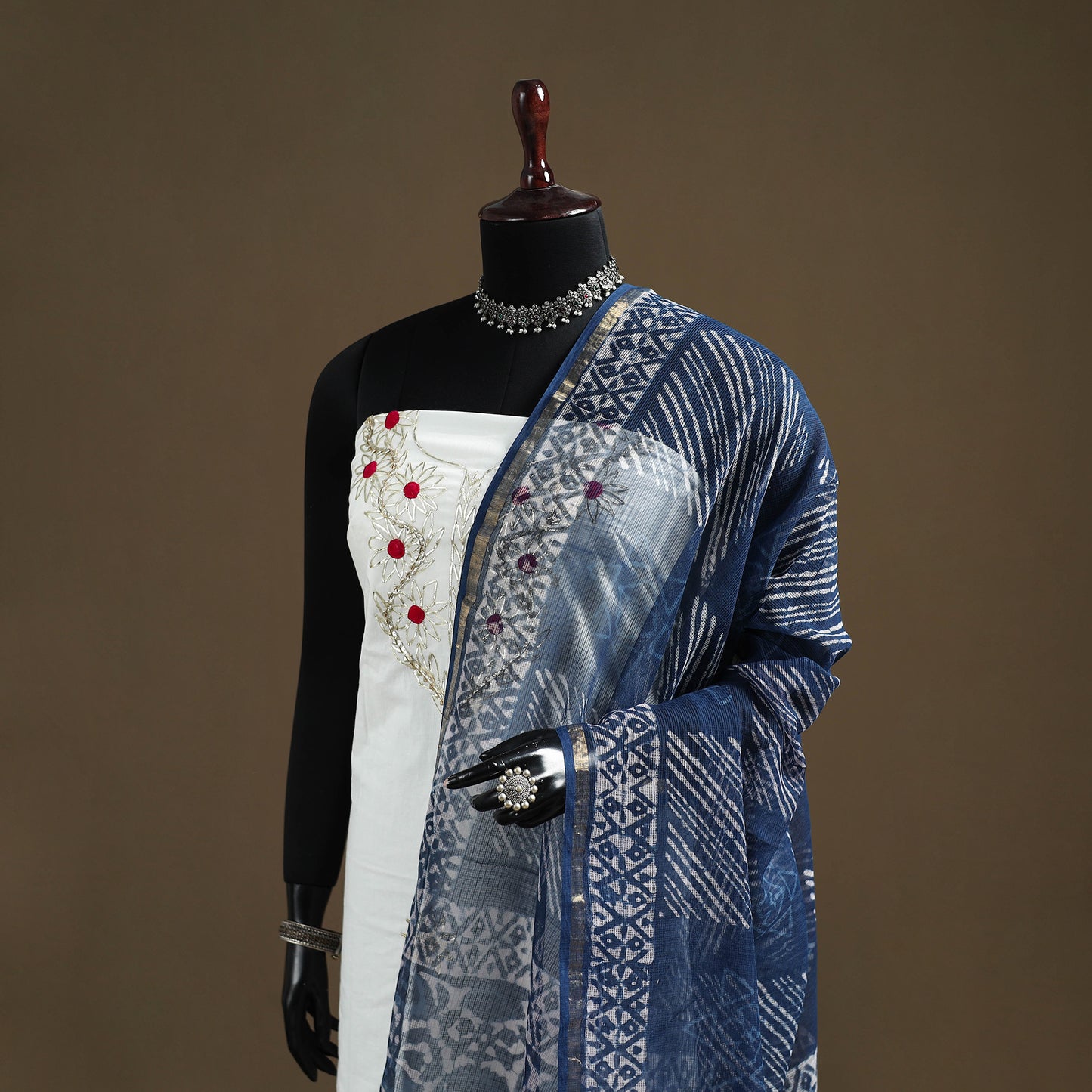 Blue - Indigo Bagru Hand Block Print Natural Dyed Kota Doria Cotton Dupatta 32