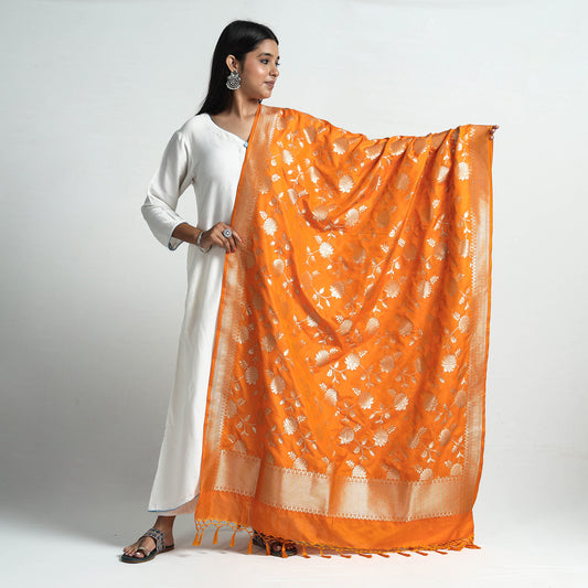 Orange - Banarasi Semi Silk Zari Jaal Dupatta with Tassels