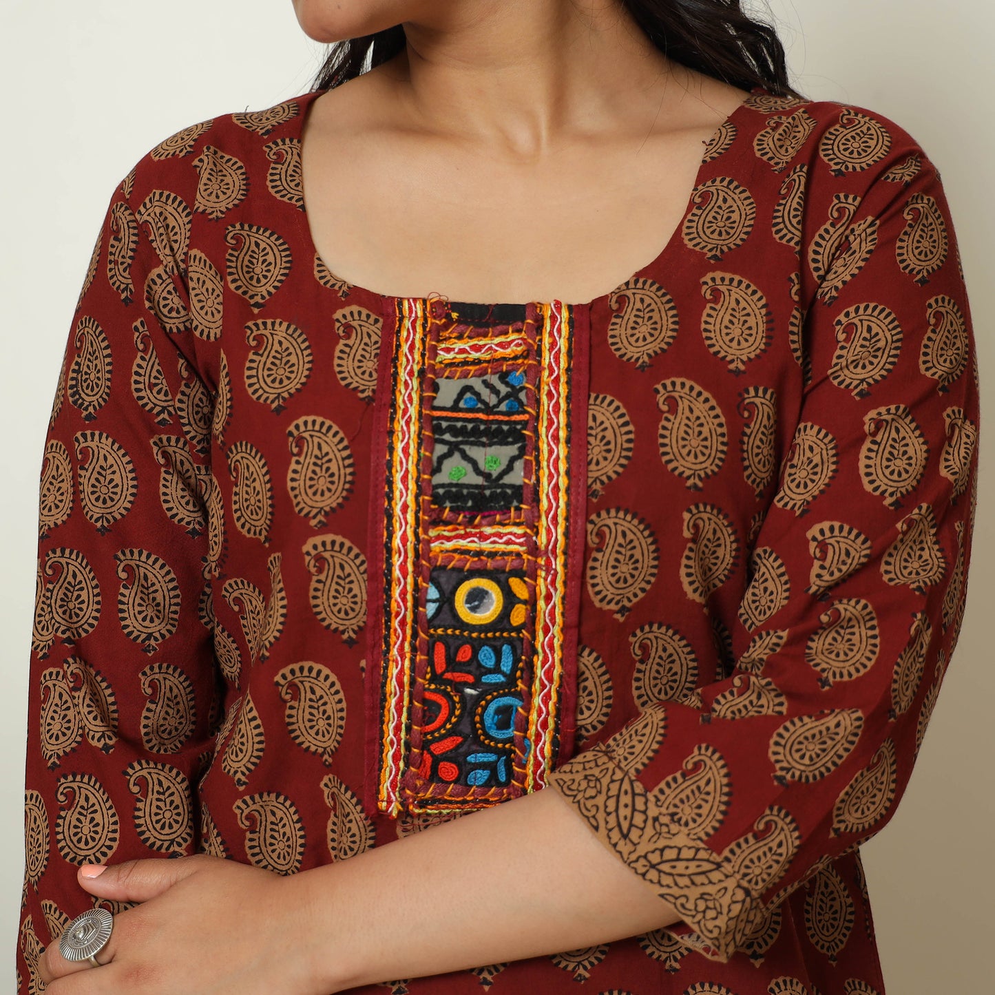 Red - Bagh Hand Block Printed Cotton Straight Kurta with Kutch Embroidery Patchwork 11