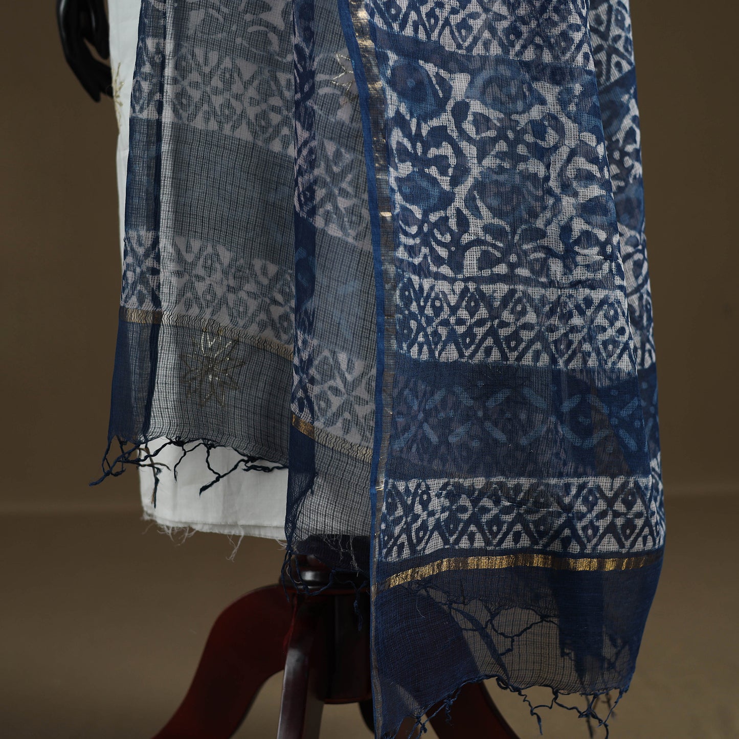 Blue - Indigo Bagru Hand Block Print Natural Dyed Kota Doria Cotton Dupatta 32