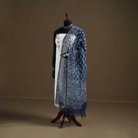 Blue - Indigo Bagru Hand Block Print Natural Dyed Kota Doria Cotton Dupatta 33