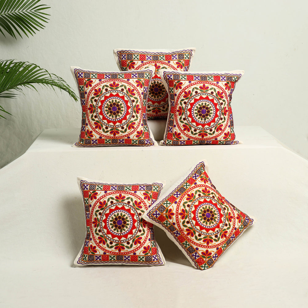 Multicolor - Kutch Aari Hand Embroidery Cushion Cover (Set of 5) 07