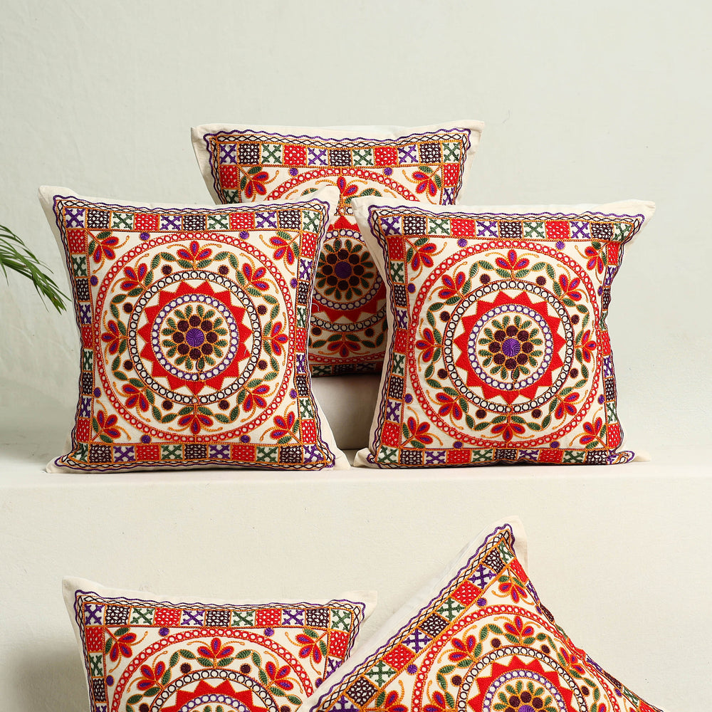 Multicolor - Kutch Aari Hand Embroidery Cushion Cover (Set of 5) 07