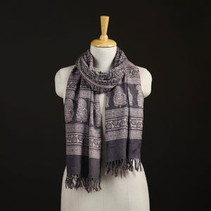 Grey - Handwoven Merino Wool Natural Dyed Bagh Hand Block Print Stole 14
