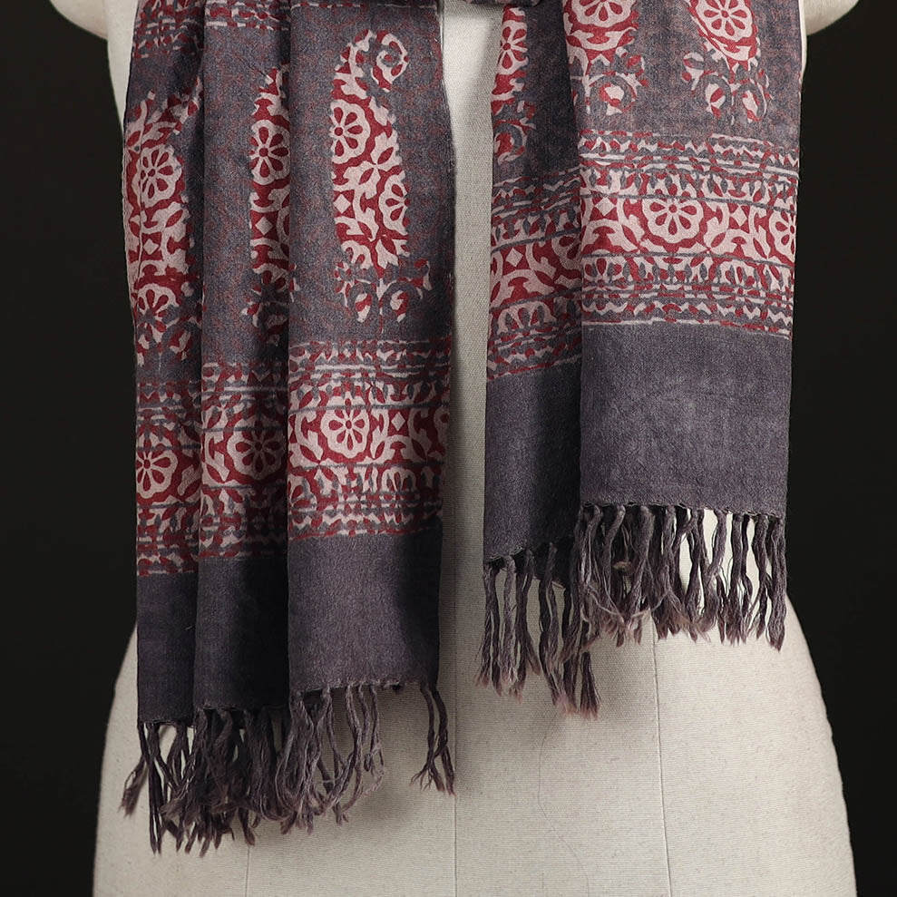 Handwoven Merino Wool Natural Dyed Bagh Hand Block Print Stole 15