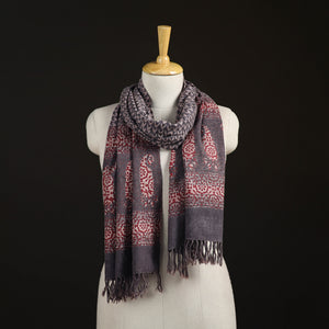 Grey - Handwoven Merino Wool Natural Dyed Bagh Hand Block Print Stole 15