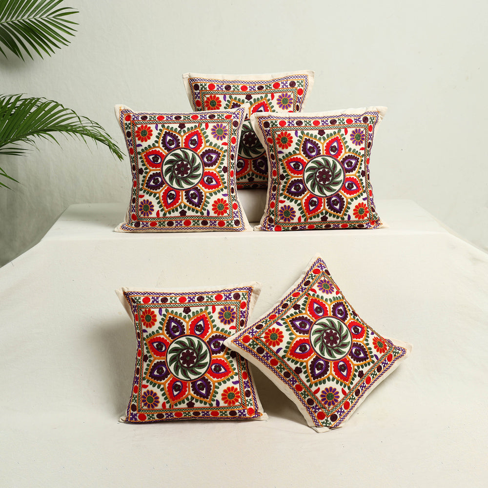 Multicolor - Kutch Aari Hand Embroidery Cushion Cover (Set of 5) 08