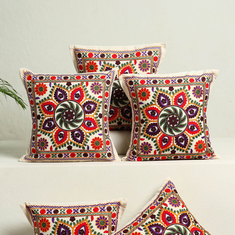 Multicolor - Kutch Aari Hand Embroidery Cushion Cover (Set of 5) 08