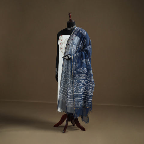 Blue - Indigo Bagru Hand Block Print Natural Dyed Kota Doria Cotton Dupatta 34