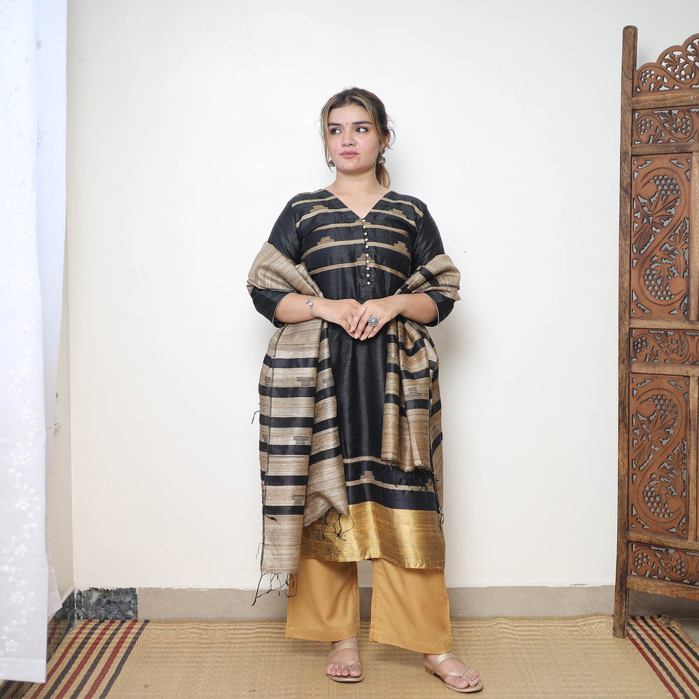 Black - Bhagalpuri Handloom Tussar Silk Suit Set 03