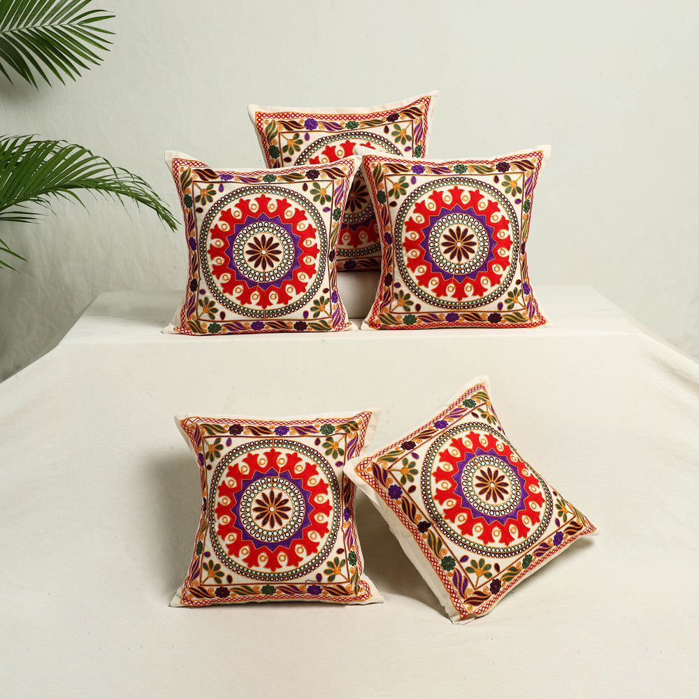 Multicolor - Kutch Aari Hand Embroidery Cushion Cover (Set of 5) 09