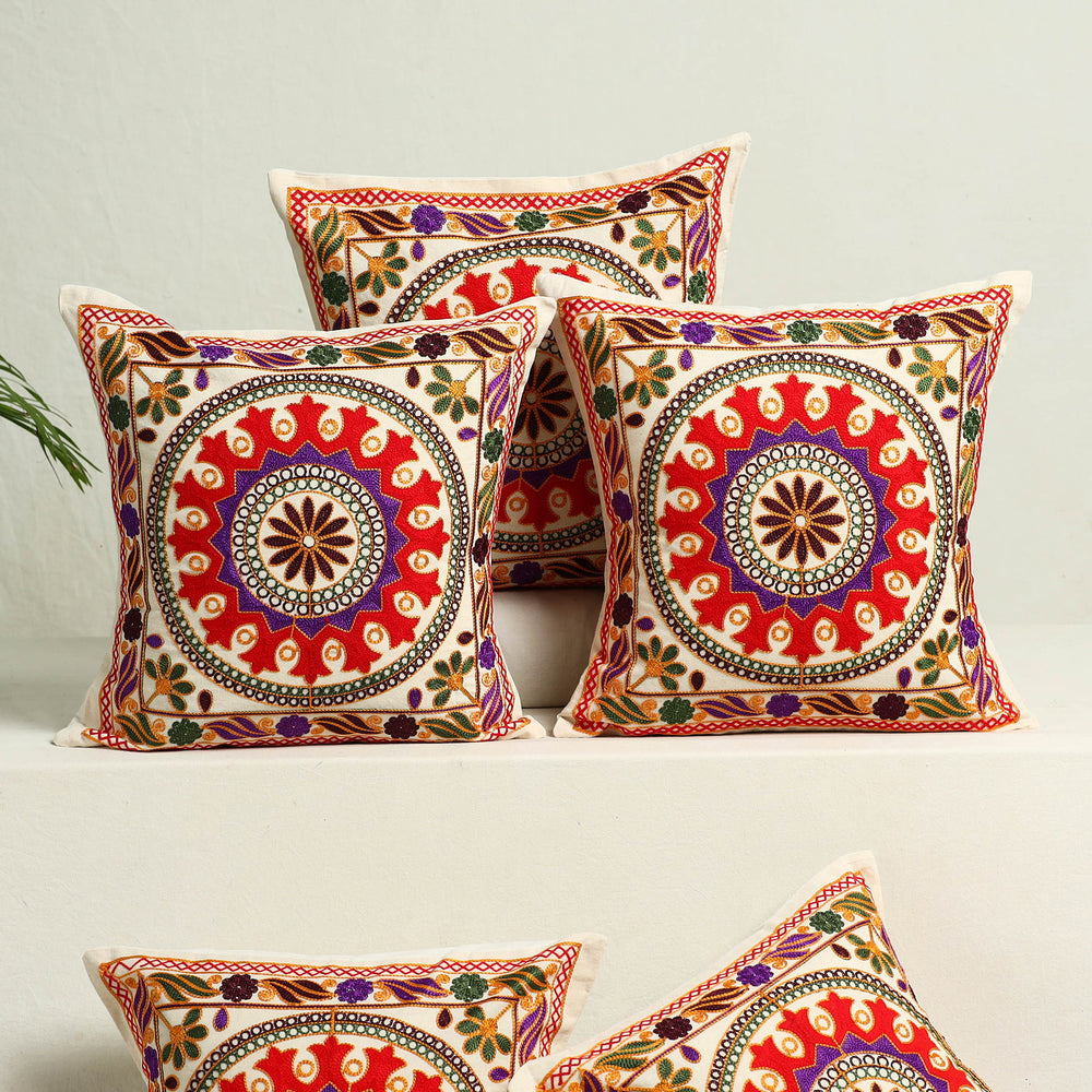 Multicolor - Kutch Aari Hand Embroidery Cushion Cover (Set of 5) 09