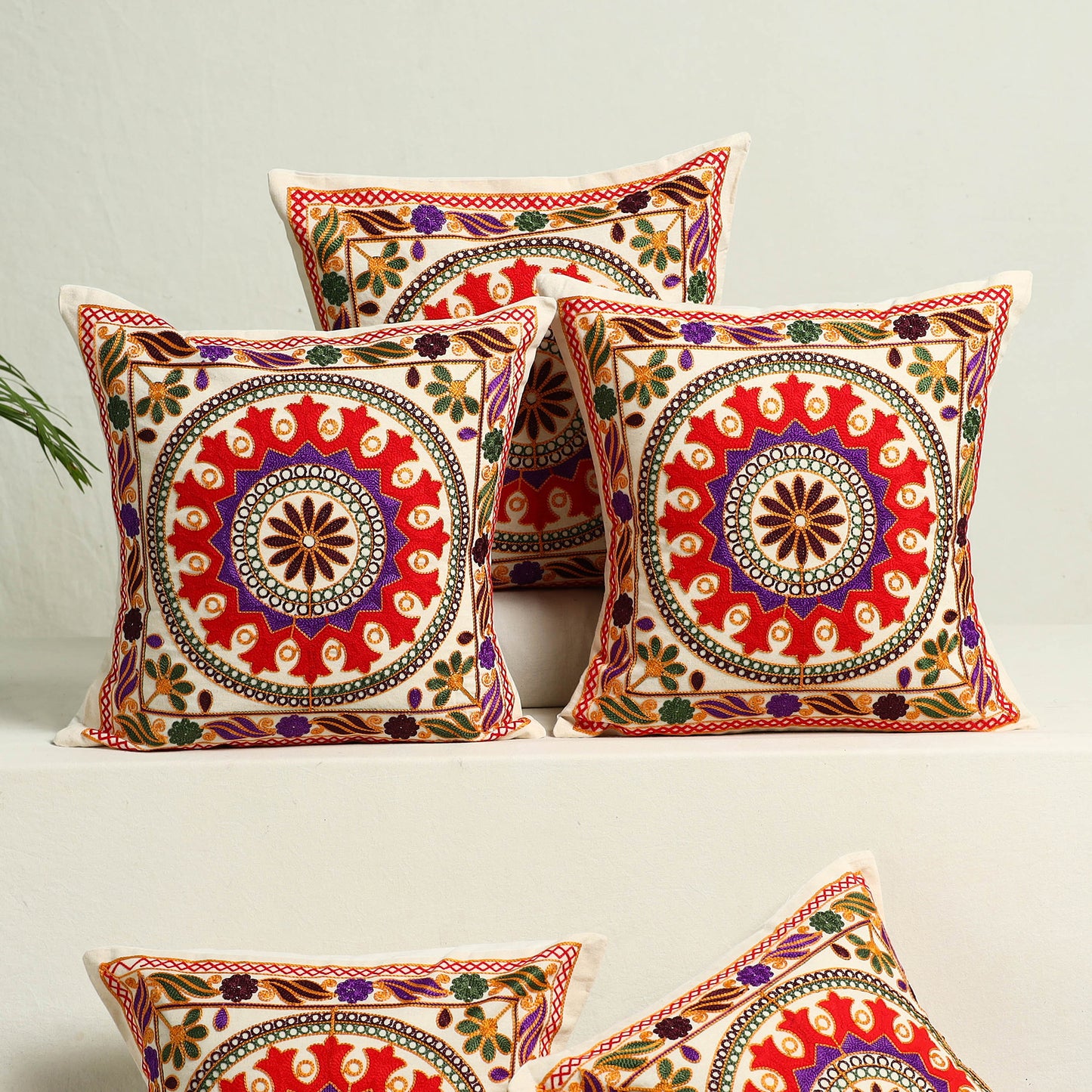 Multicolor - Kutch Aari Hand Embroidery Cushion Cover (Set of 5) 09