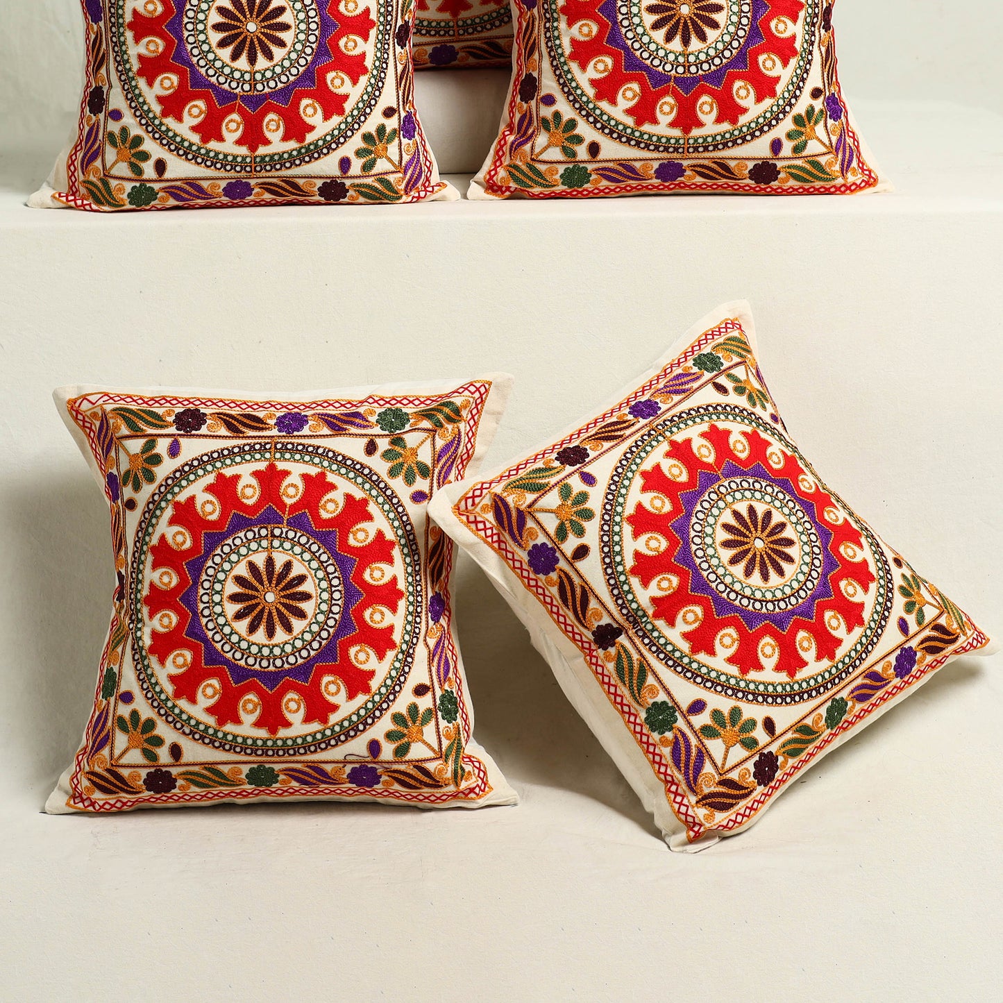 Multicolor - Kutch Aari Hand Embroidery Cushion Cover (Set of 5) 09