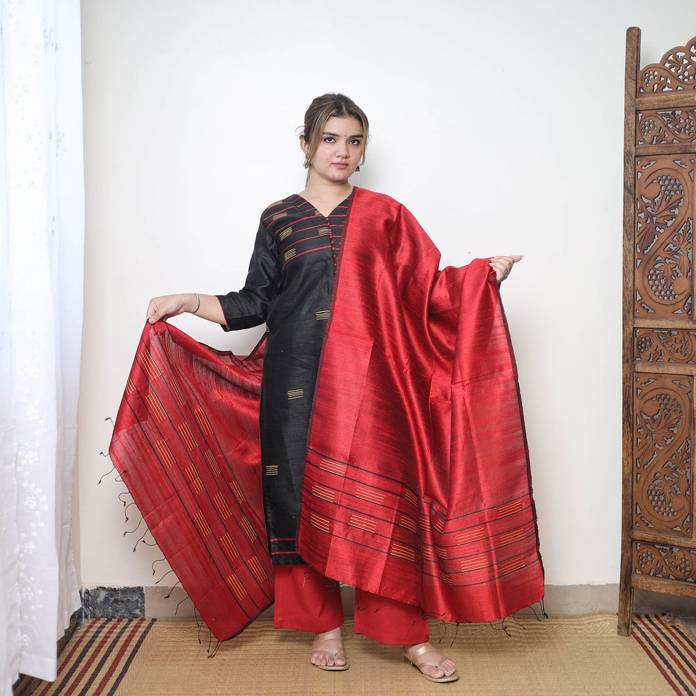 Black - Bhagalpuri Handloom Tussar Silk Suit Set 04