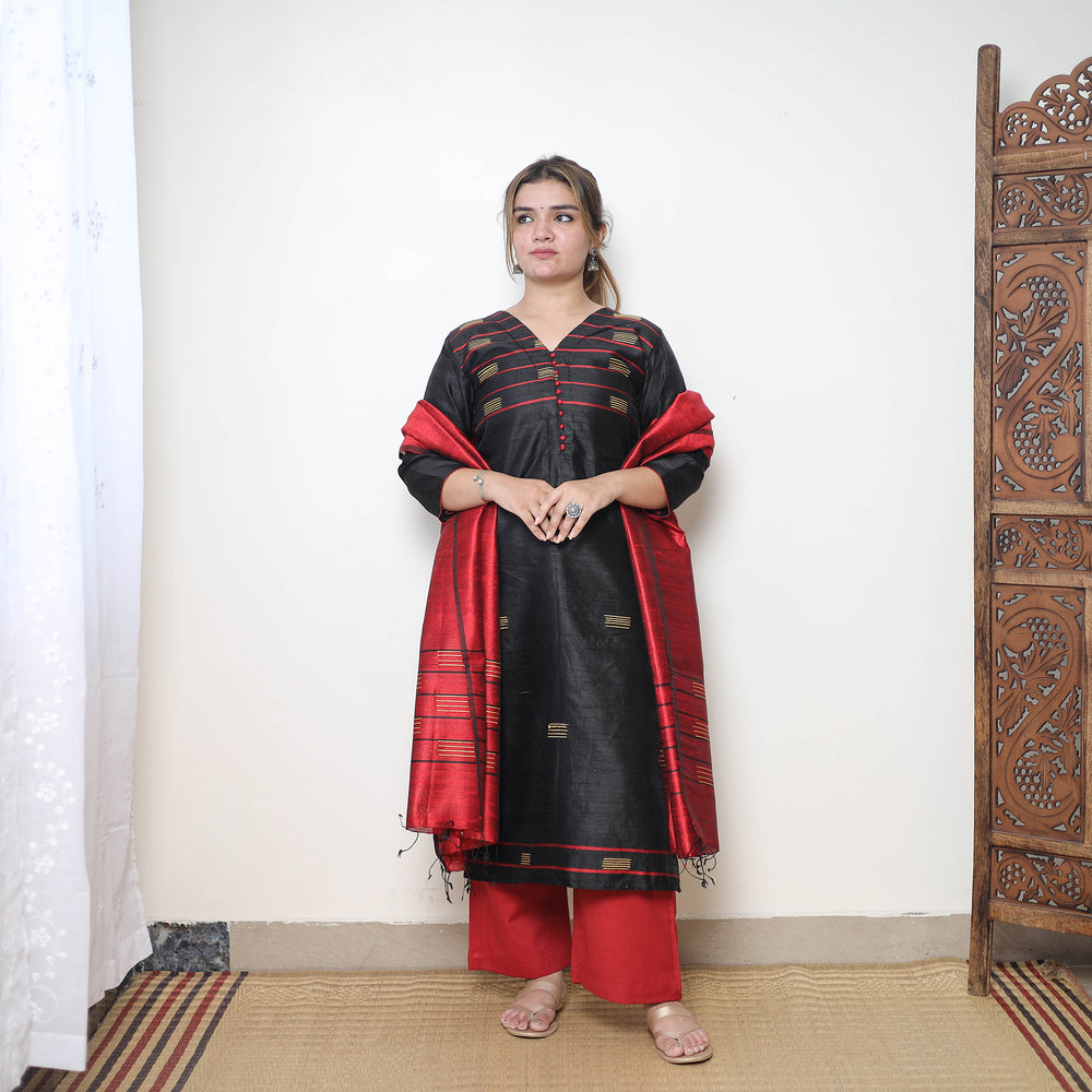 Black - Bhagalpuri Handloom Tussar Silk Suit Set 04