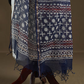Blue - Indigo Bagru Hand Block Print Natural Dyed Kota Doria Cotton Dupatta 35