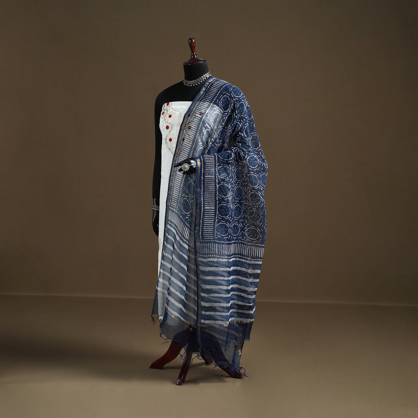 Blue - Indigo Bagru Hand Block Print Natural Dyed Kota Doria Cotton Dupatta 36