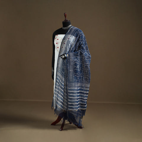 Blue - Indigo Bagru Hand Block Print Natural Dyed Kota Doria Cotton Dupatta 36