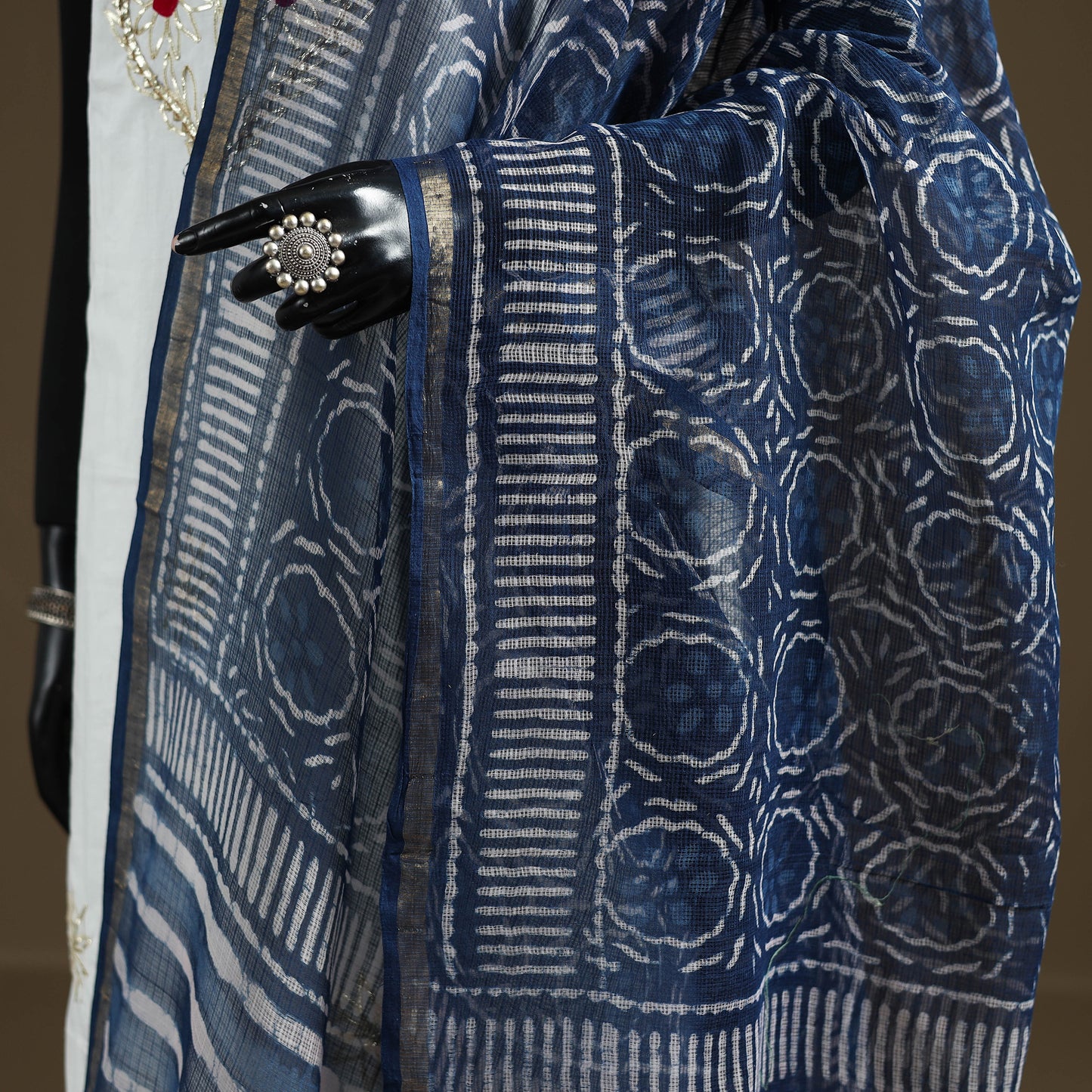 Blue - Indigo Bagru Hand Block Print Natural Dyed Kota Doria Cotton Dupatta 36