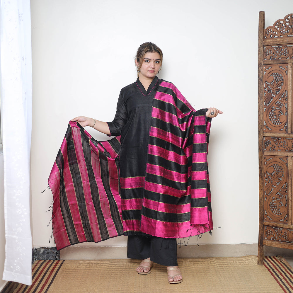 Black - Bhagalpuri Handloom Tussar Silk Suit Set 08