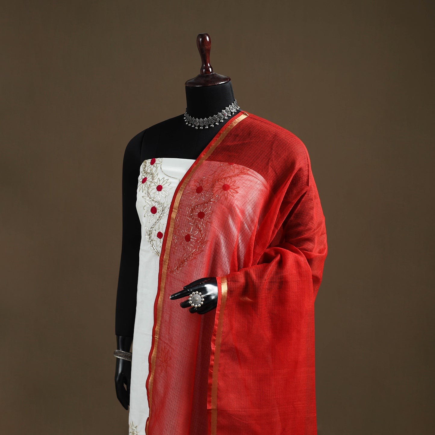 Red - Plain Cotton Kota Doria Dupatta 37