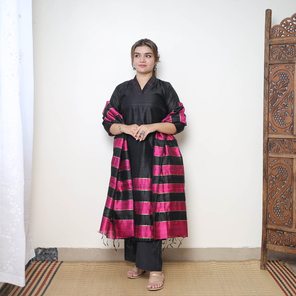 Black - Bhagalpuri Handloom Tussar Silk Suit Set 08