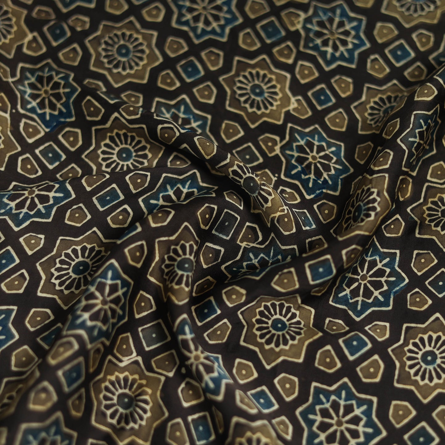 Black - Ajrakh Hand Block Print Natural Dyed Modal Silk Scarf 14