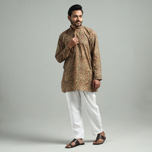 Brown - Kalamkari Block Printed Cotton Men Short Kurta