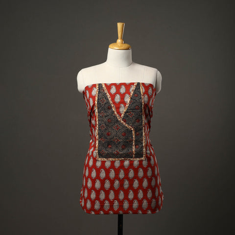 Red - bagru cotton unstitched kurta material with patchwork