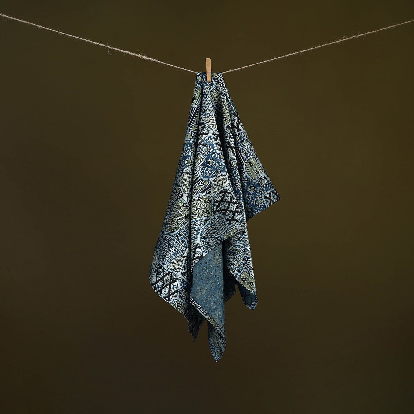 Blue - Ajrakh Hand Block Print Natural Dyed Modal Silk Scarf 07