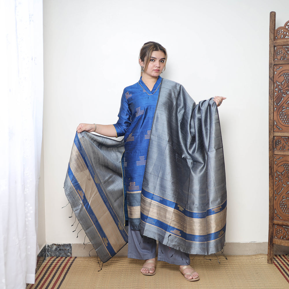 Blue - Bhagalpuri Handloom Tussar Silk Suit Set 05