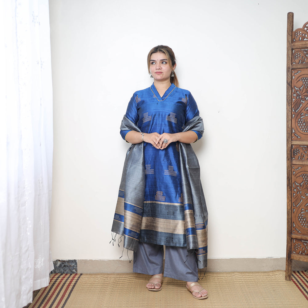 Blue - Bhagalpuri Handloom Tussar Silk Suit Set 05