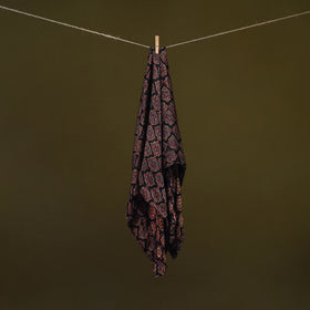 Black - Ajrakh Hand Block Print Natural Dyed Modal Silk Scarf 02