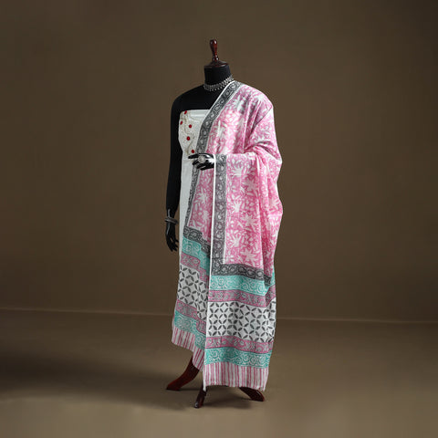Pink - Sanganeri Hand Block Print Pure Mul Cotton Dupatta 45