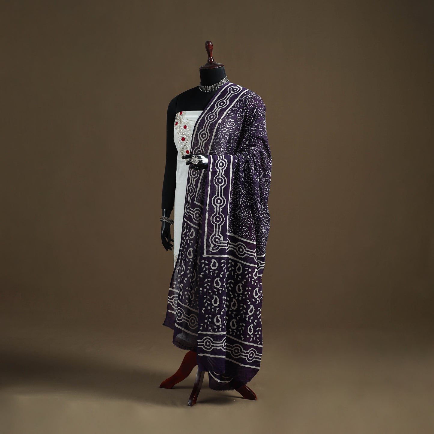Purple - Hand Block Batik Print Pure Mul Cotton Dupatta 46