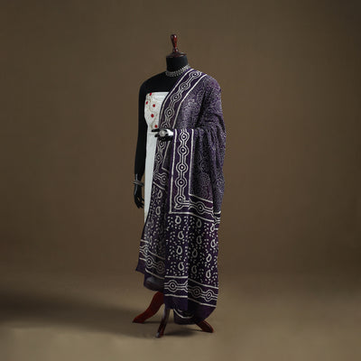 Purple - Hand Block Batik Print Pure Mul Cotton Dupatta 46