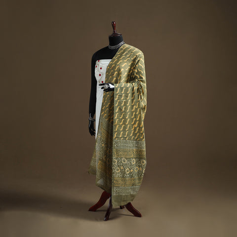 Green - Hand Block Batik Print Pure Mul Cotton Dupatta 47