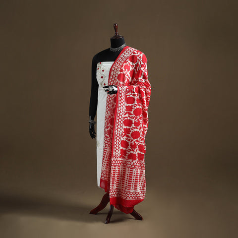 Red - Hand Block Batik Print Pure Mul Cotton Dupatta 48