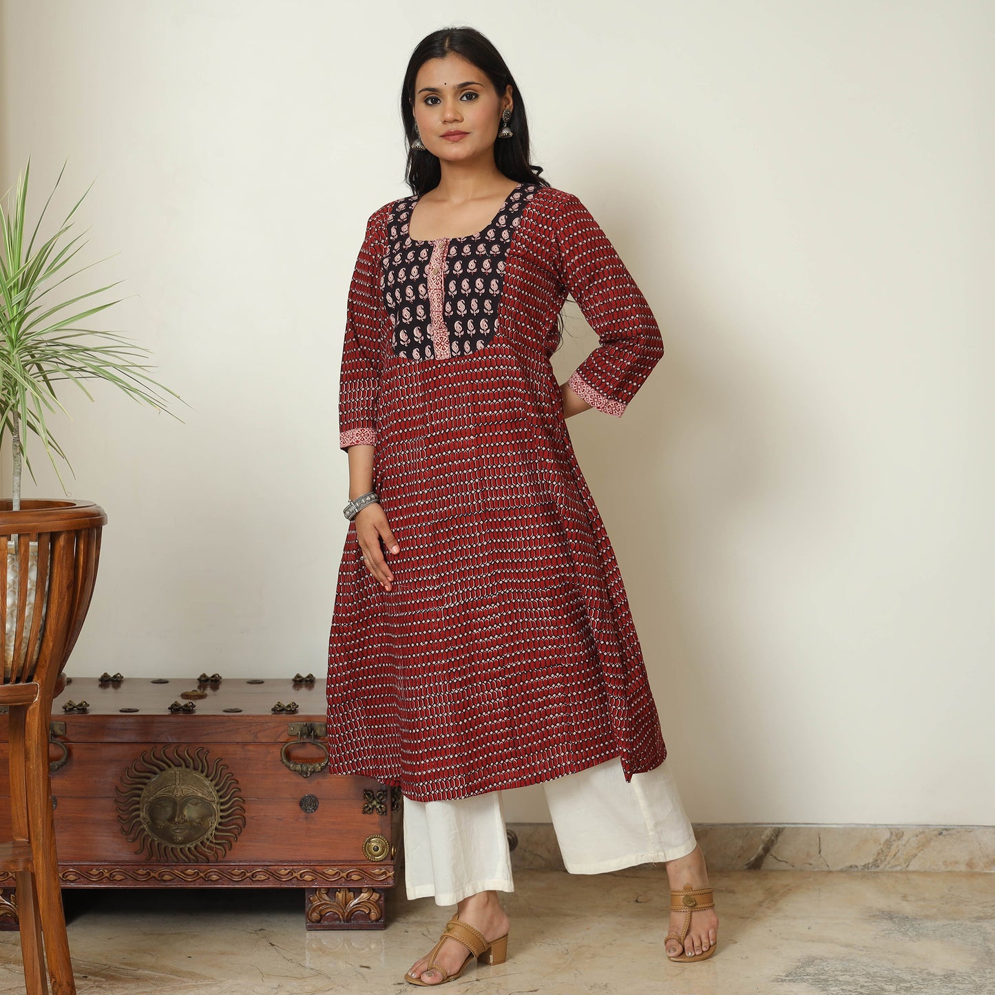 Maroon - Bagh Hand Block Printed Cotton A-Line Kurta 09